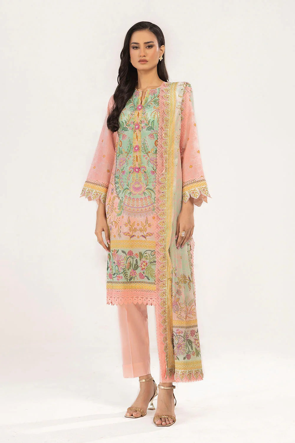 3 Piece Unstitched Printed Lawn Suit Schiffli Lace with Printed Lawn Dupatta