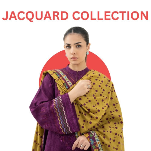 Woman in a purple Jacquard suit with a mustard polka-dot shawl, titled "JACQUARD COLLECTION."