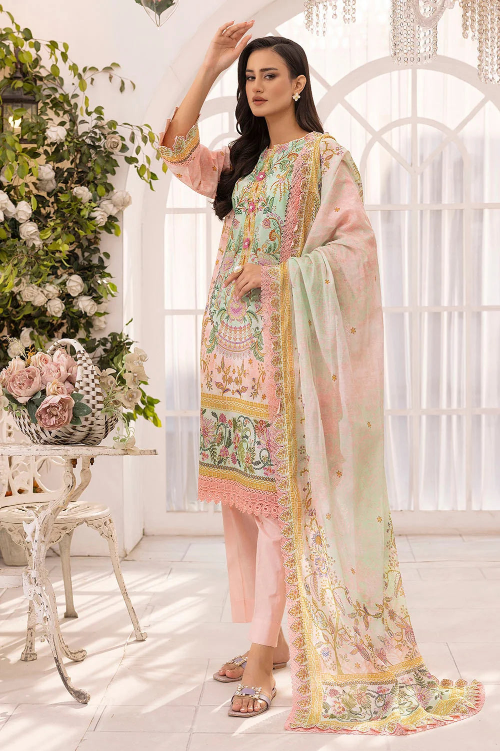 3 Piece Unstitched Printed Lawn Suit Schiffli Lace with Printed Lawn Dupatta