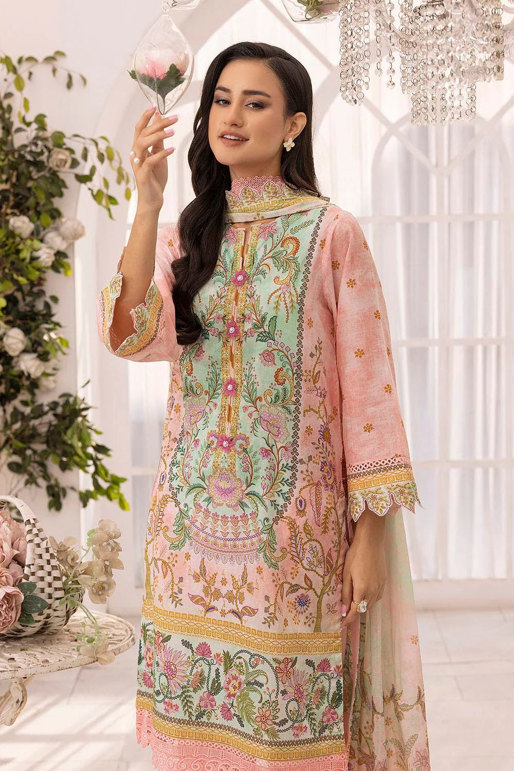3 Piece Unstitched Printed Lawn Suit Schiffli Lace with Printed Lawn Dupatta