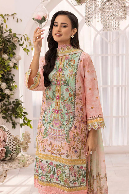 3 Piece Unstitched Printed Lawn Suit Schiffli Lace with Printed Lawn Dupatta
