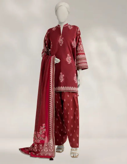 MAROON CAMBRIC PRINTED UNSTITCHED 3PC