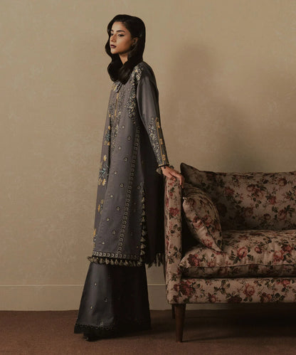 3 Piece - Embroidered Cotton Satin Suit