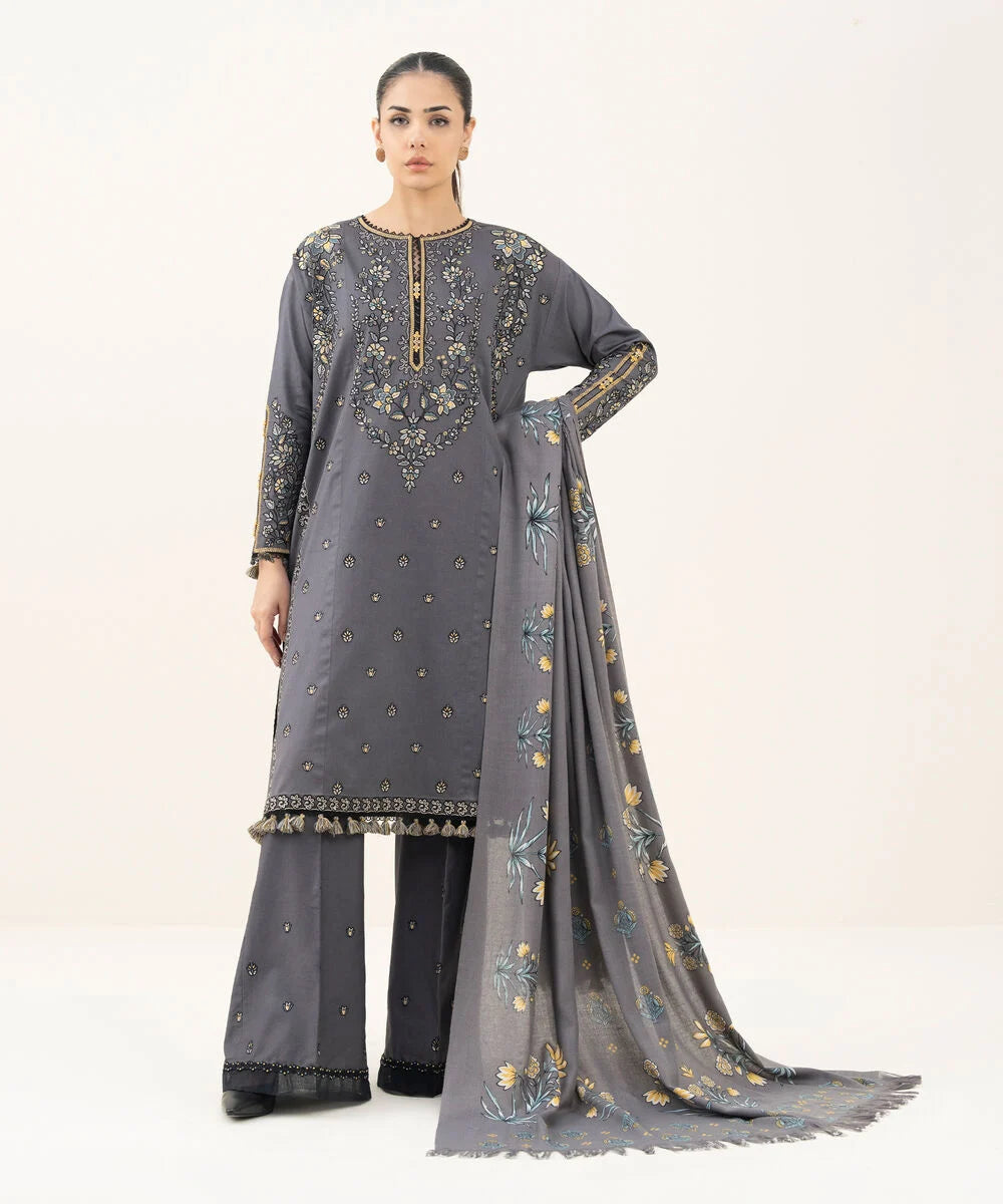 3 Piece - Embroidered Cotton Satin Suit