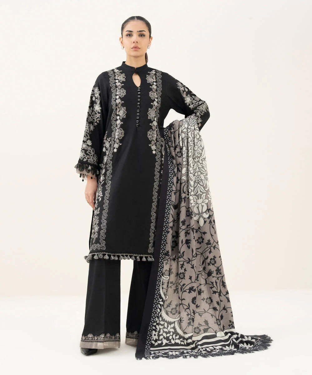 3 Piece - Embroidered Cotton Satin Suit