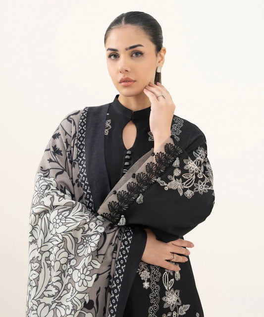 3 Piece - Embroidered Cotton Satin Suit