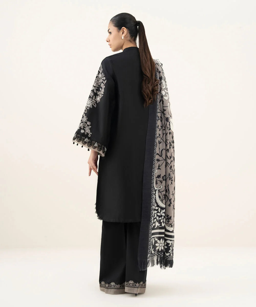 3 Piece - Embroidered Cotton Satin Suit