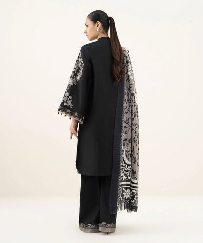 3 Piece - Embroidered Cotton Satin Suit