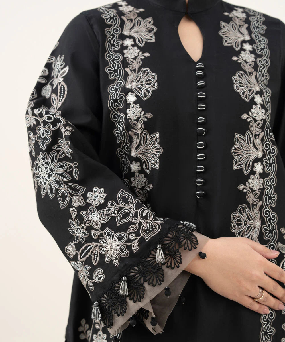 3 Piece - Embroidered Cotton Satin Suit