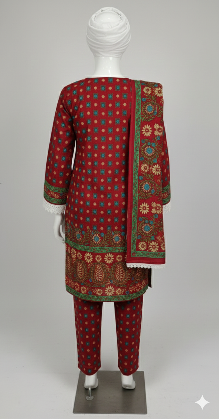 Digital Printed Lawn 3-Piece Unstitched Suit | Olive Green & Multi-Floral Chiffon Dupatta