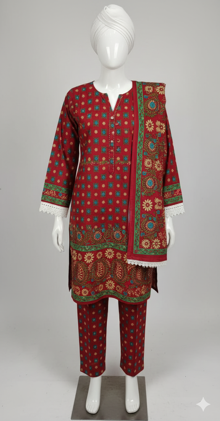 Digital Printed Lawn 3-Piece Unstitched Suit | Olive Green & Multi-Floral Chiffon Dupatta