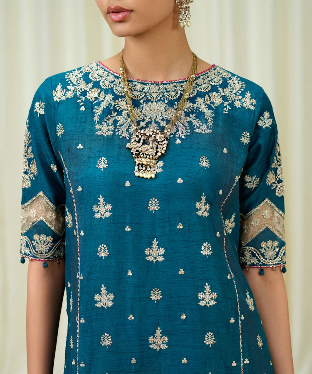 3 Piece - Embroidered Raw Silk Suit