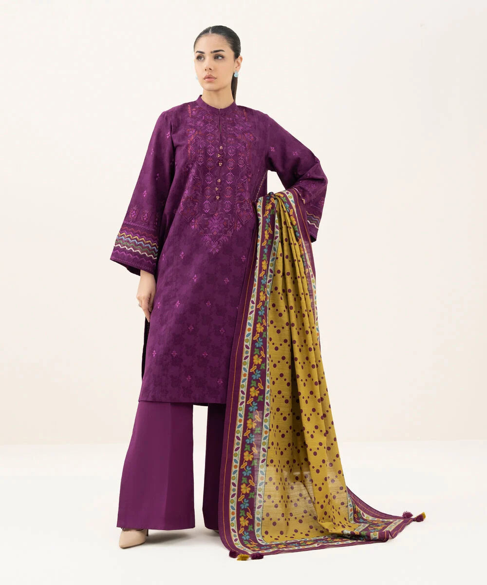 3 Piece - Embroidered Cotton Jacquard Suit