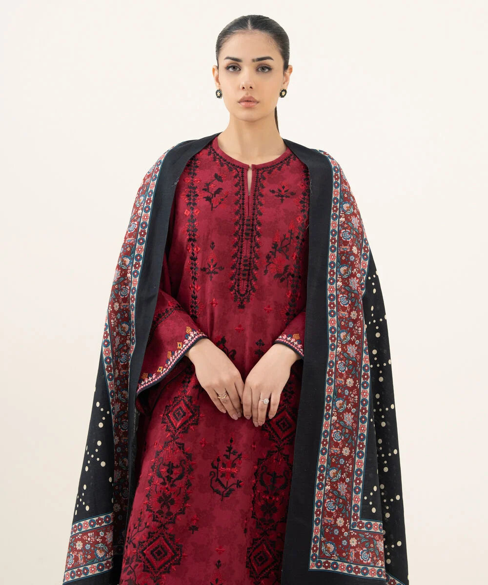 3 Piece - Embroidered Cotton Jacquard Suit