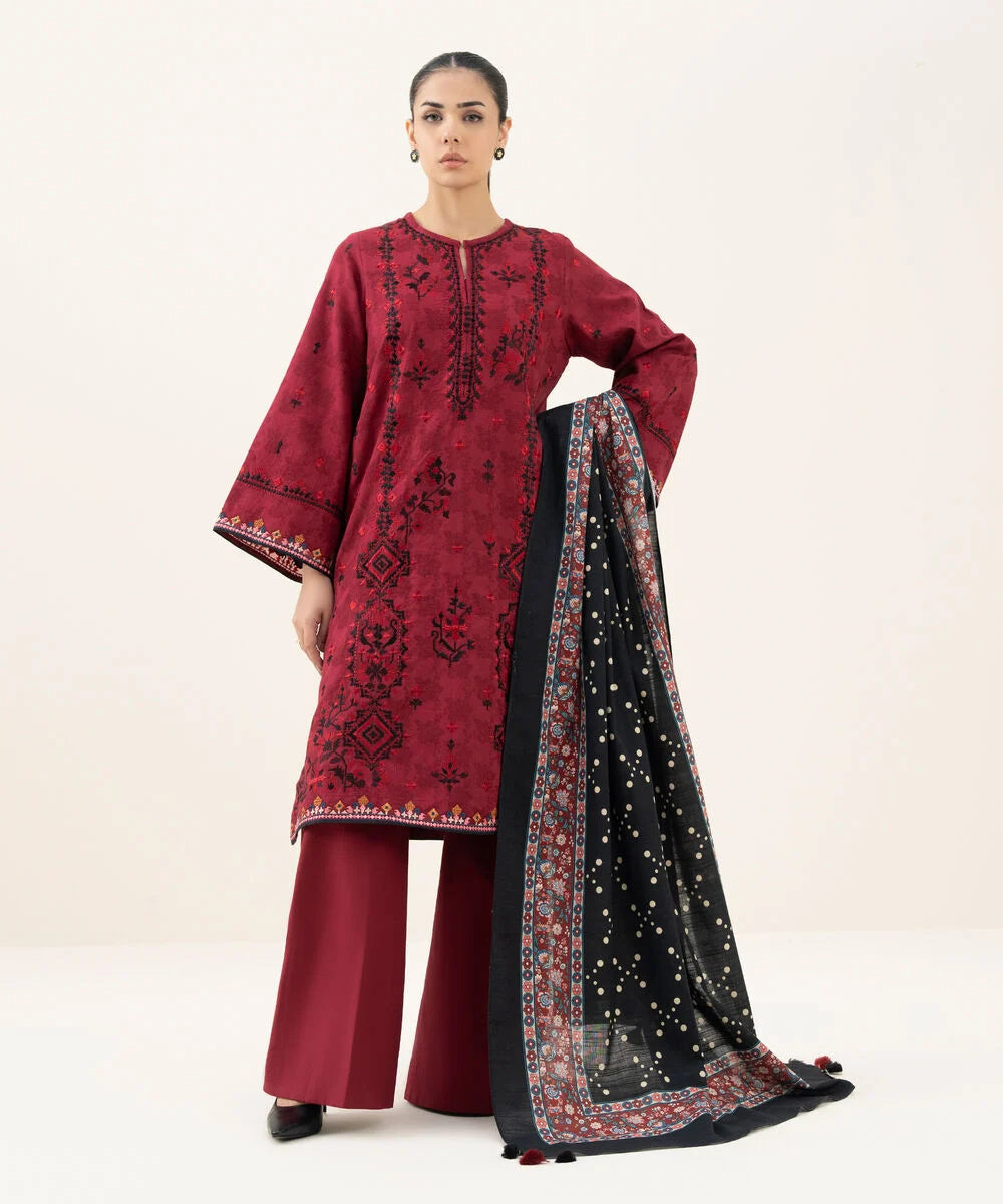 3 Piece - Embroidered Cotton Jacquard Suit