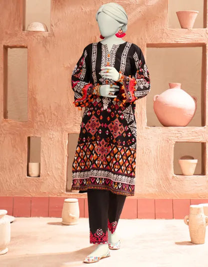 BLACK CAMBRIC EMBROIDERED UNSTITCHED 2PC